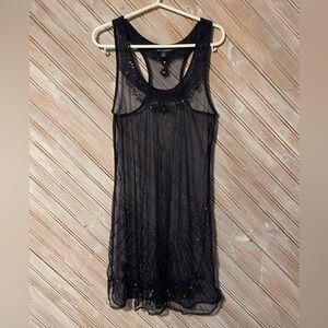 Navy blue sheer beaded floral see through slip dress tank sleeves mesh Small
